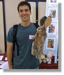 Jeff Calado with a stuffed-animal puppet which he donated to Animal Beacons of Light at the 2009 Winter Warmup